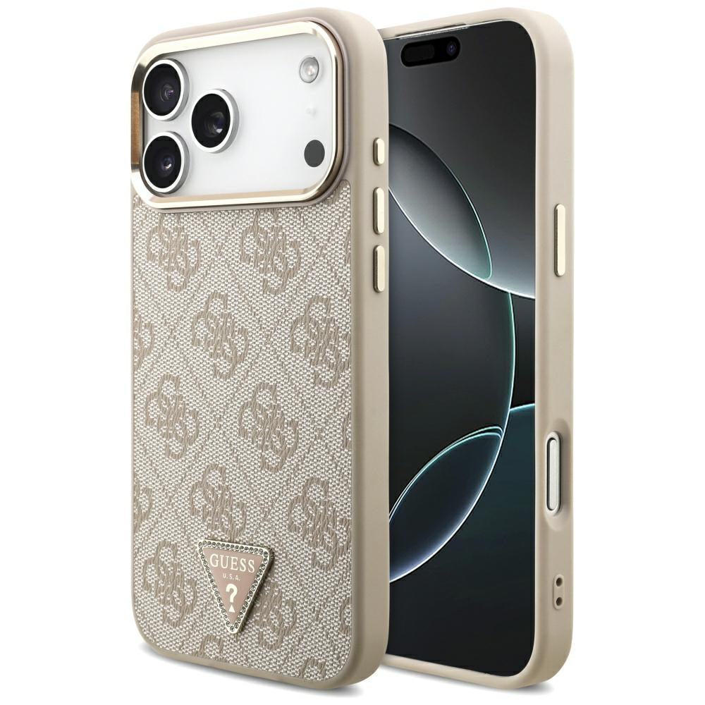 Guess iPhone 17 Pro Max - 4G Triangle Strass Logo MagSafe - Σκληρή Θήκη με Επένδυση Συνθετικού Δέρματος - Pink / Gold - GUHMP17XP4GTDGMP