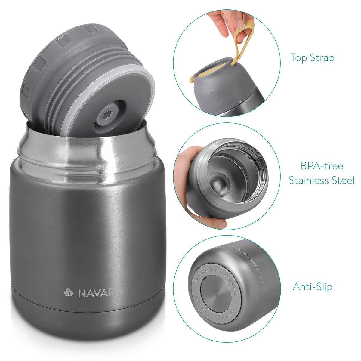 Navaris Vacuum Insulated Food Jar Θερμός από Ανοξείδωτο Ατσάλι με Καπάκι - Δοχείο Για Φαγητό - 450ml - Dark Gray - 47325.1.19