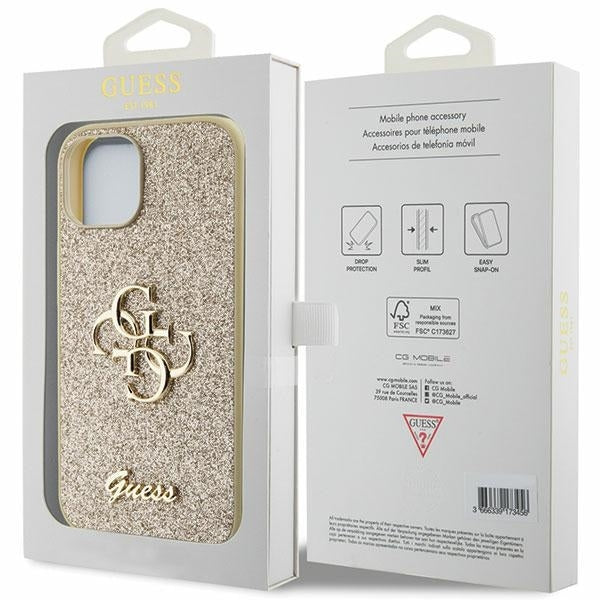 Guess iPhone 15 Plus Glitter Script Big 4G Σκληρή Θήκη με Πλαίσιο Σιλικόνης - Gold - GUHCP15MHG4SGD