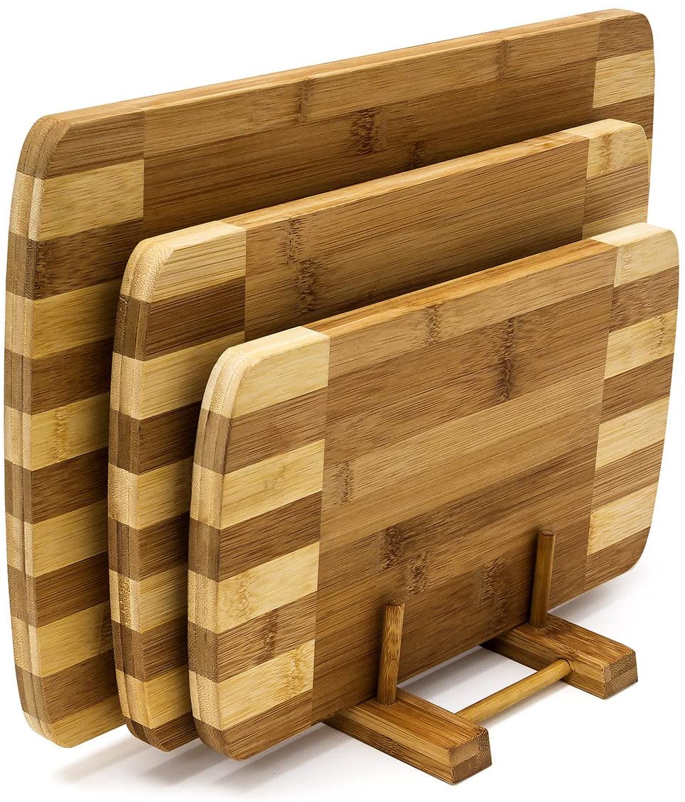 Relaxdays Σετ με 3 Σανίδες Κοπής από Μπαμπού με Βάση - Brown / Light Brown - 4052025188771