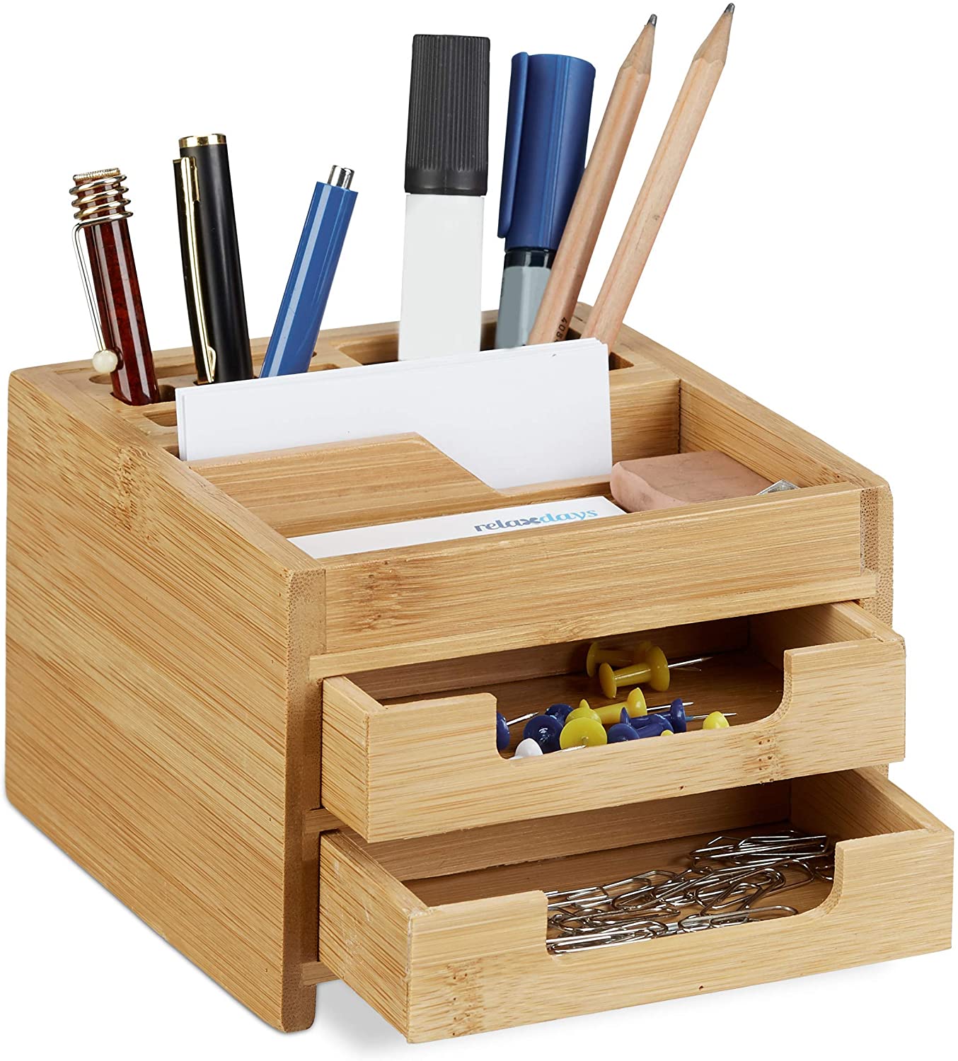 Relaxdays Ξύλινη Βάση Οργάνωσης Γραφείου με 2 Συρτάρια από Bamboo - Natural - 4052025221898