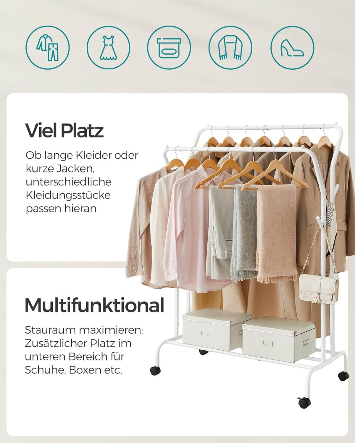 Songmics Τροχήλατη Κρεμάστρα Pούχων με 2 Pάγες και Ράφι - Ράγα Ρούχων - 52.5 x 103.5 x 155 cm - White - HSR107W01