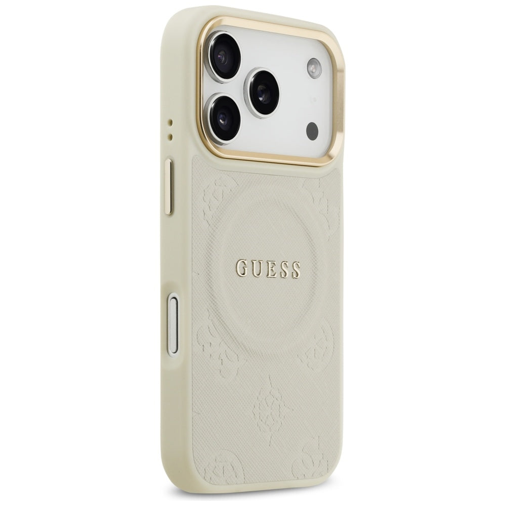 Guess iPhone 17 Pro - Peony Hot Stamp MagSafe - Σκληρή Θήκη με Επένδυση Συνθετικού Δέρματος - Beige - GUHMP17LPSAMSECE