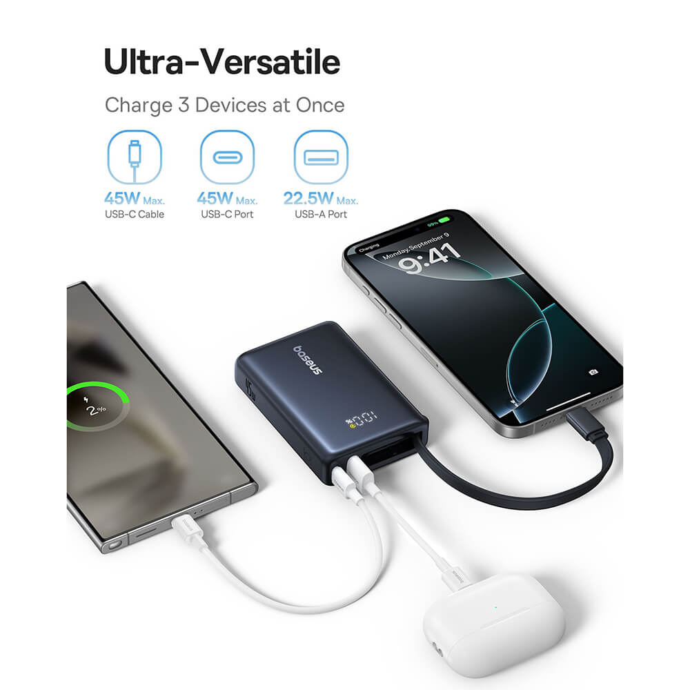 Baseus PicoGo Power Bank 10000mAh 45W με Ενσωματωμένο Καλώδιο Type-C - Black