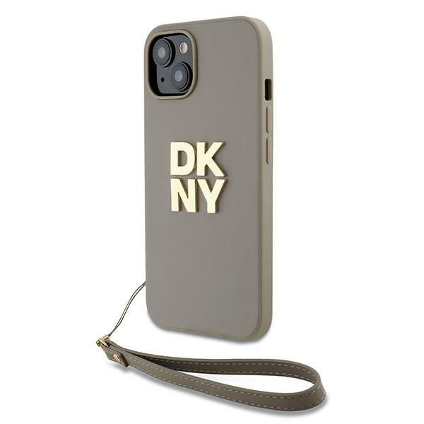 DKNY iPhone 15 / 14 / 13 - Wrist Strap Stock Logo - Σκληρή Θήκη με Επένδυση Συνθετικού Δέρματος με Λουράκι - Beige