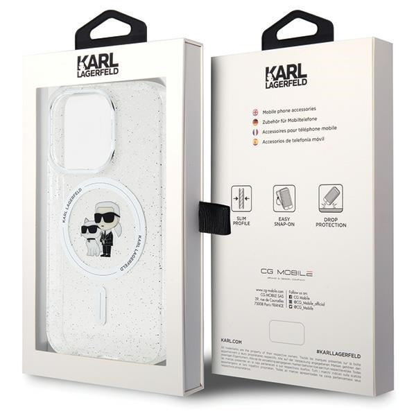 Karl Lagerfeld iPhone 15 Pro - Karl and Choupette Glitter Magsafe Σκληρή Θήκη με Πλαίσιο Σιλικόνης και MagSafe - Διάφανη - KLHMP15LHGKCNOT