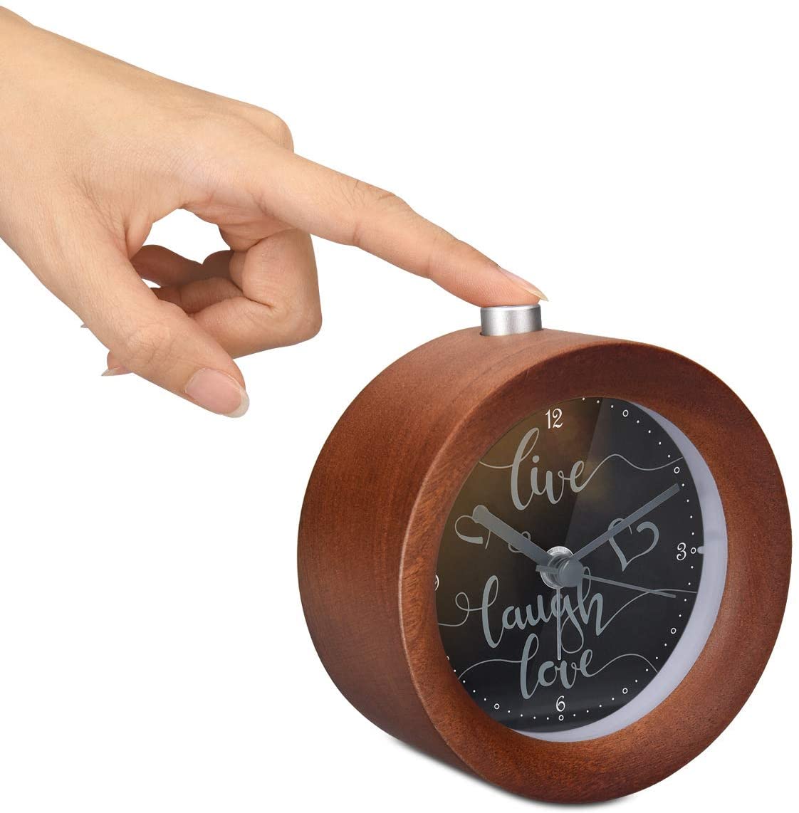 Navaris Analogue Wood Alarm Clock Design Live / Laugh / Love - Αναλογικό Επιτραπέζιο Ρολόι και Ξυπνητήρι - Dark Brown - 46269.18.05