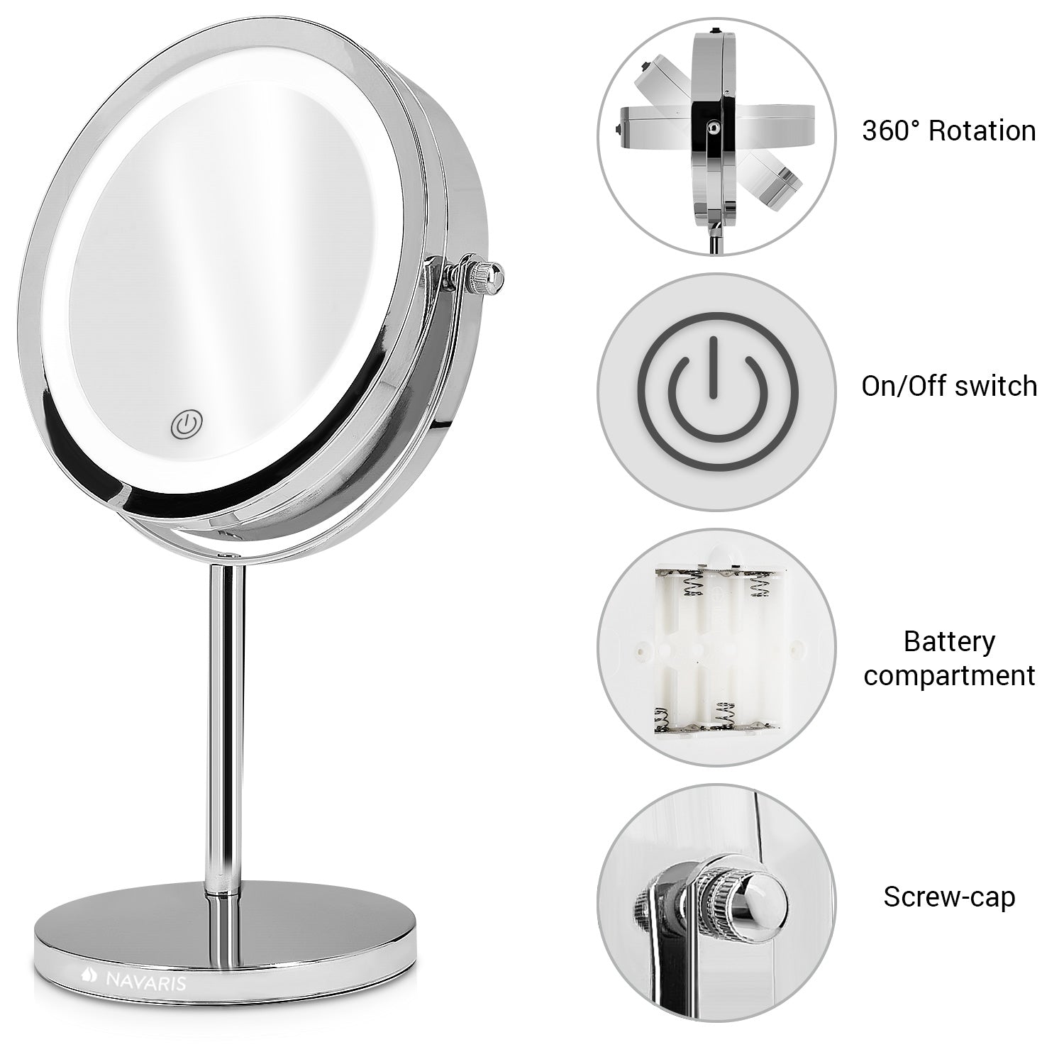 Navaris Περιστρεφόμενος Φωτιζόμενος Καθρέπτης LED με Διακόπτη Αφής - Silver - 48930.42