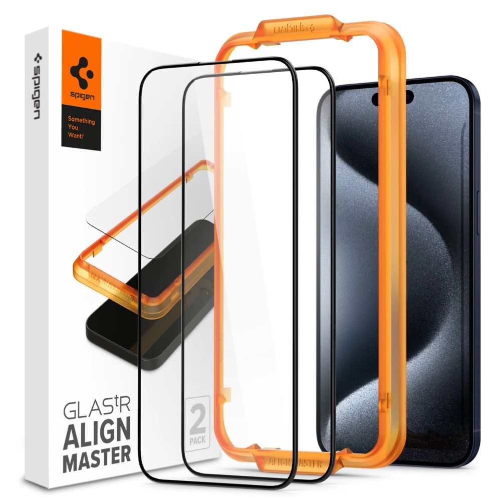 Spigen iPhone 15 Pro FC AlignMaster 2.5D Full Screen Case Friendly Tempered Glass Αντιχαρακτικό Γυαλί Οθόνης 9H - 2 Τεμάχια - Black