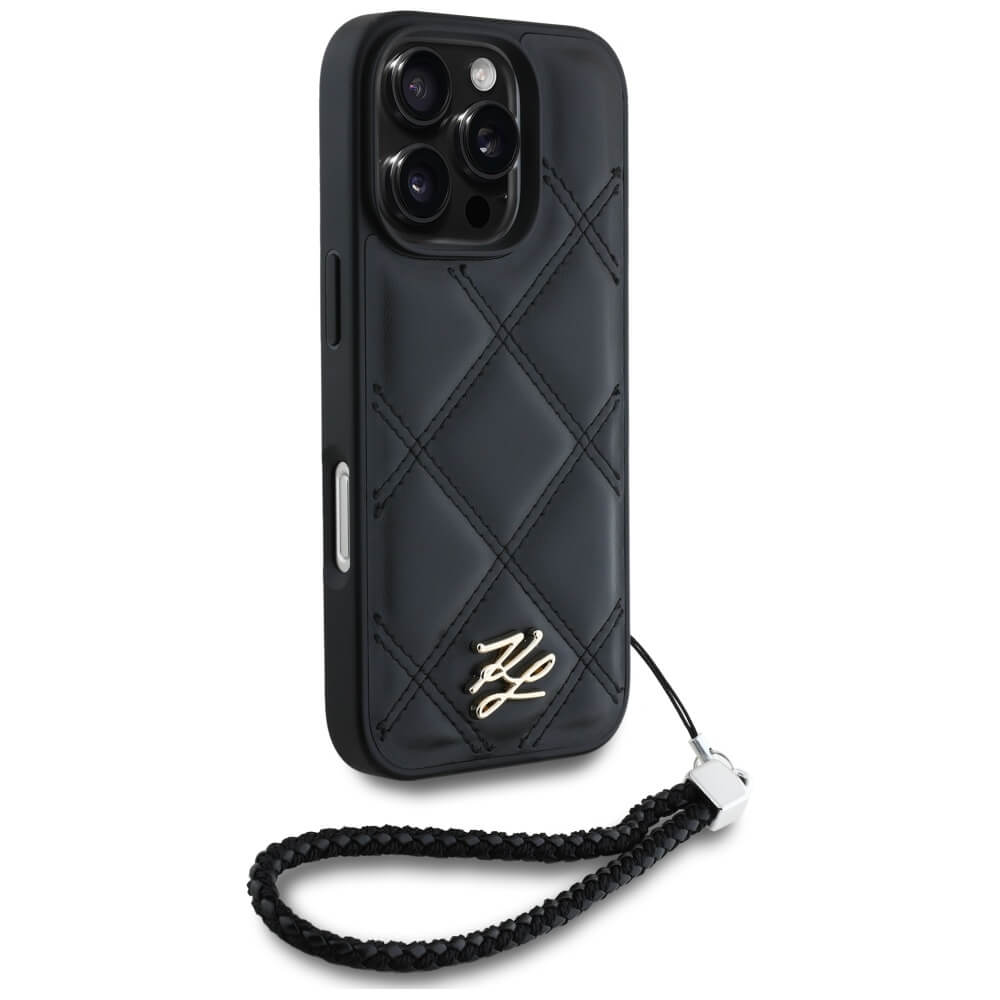 Karl Lagerfeld iPhone 16 Pro - Quilted Initial Logo and Chain Strap - Θήκη με Επένδυση Συνθετικού Δέρματος και Λουράκι - Black - KLHCP16LPSQSKLSMSK