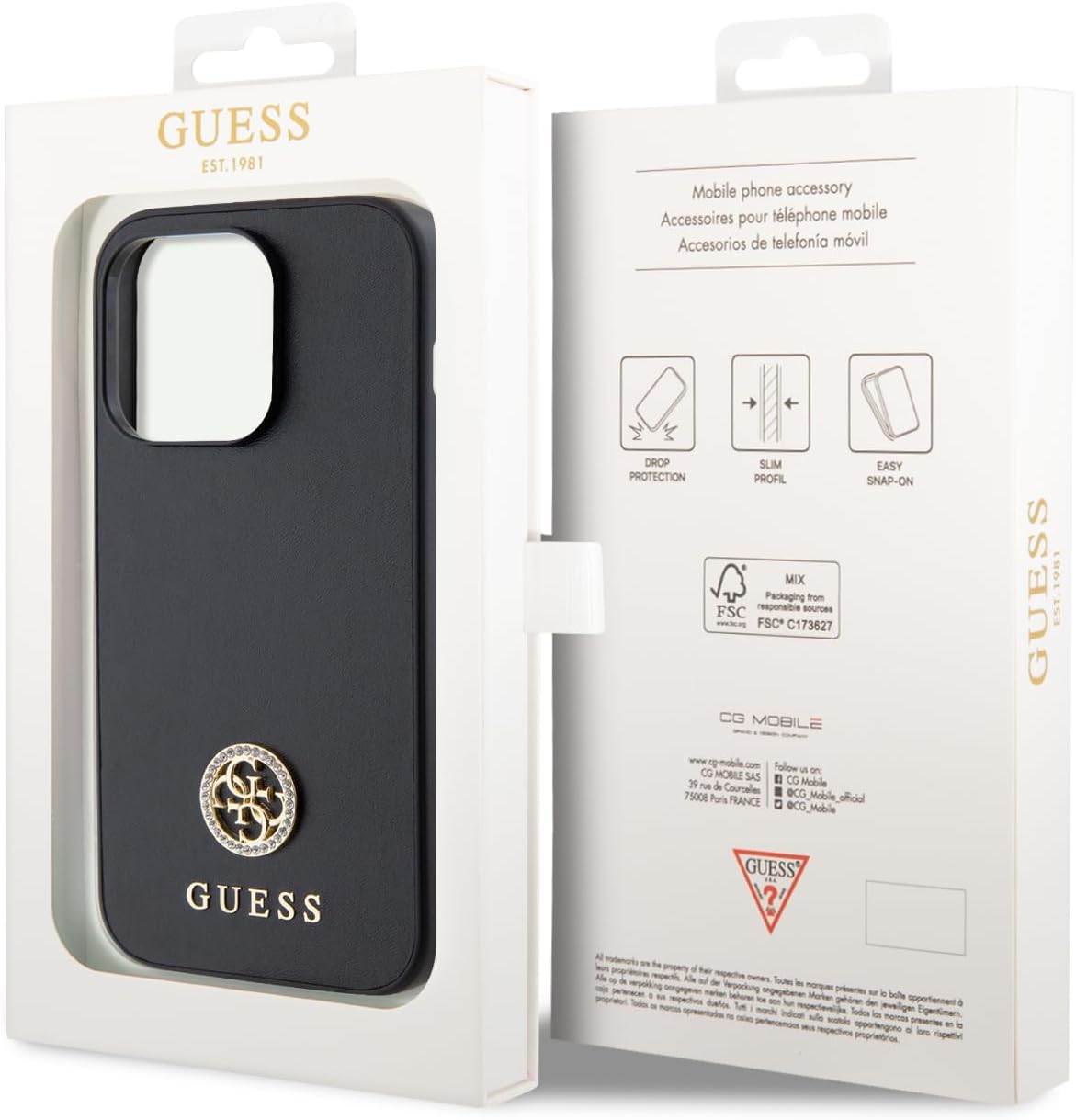Guess iPhone 15 Pro Max 4G Strass Metal Logo Θήκη με Επένδυση Συνθετικού Δέρματος - Black - GUHCP15XPS4DGPK