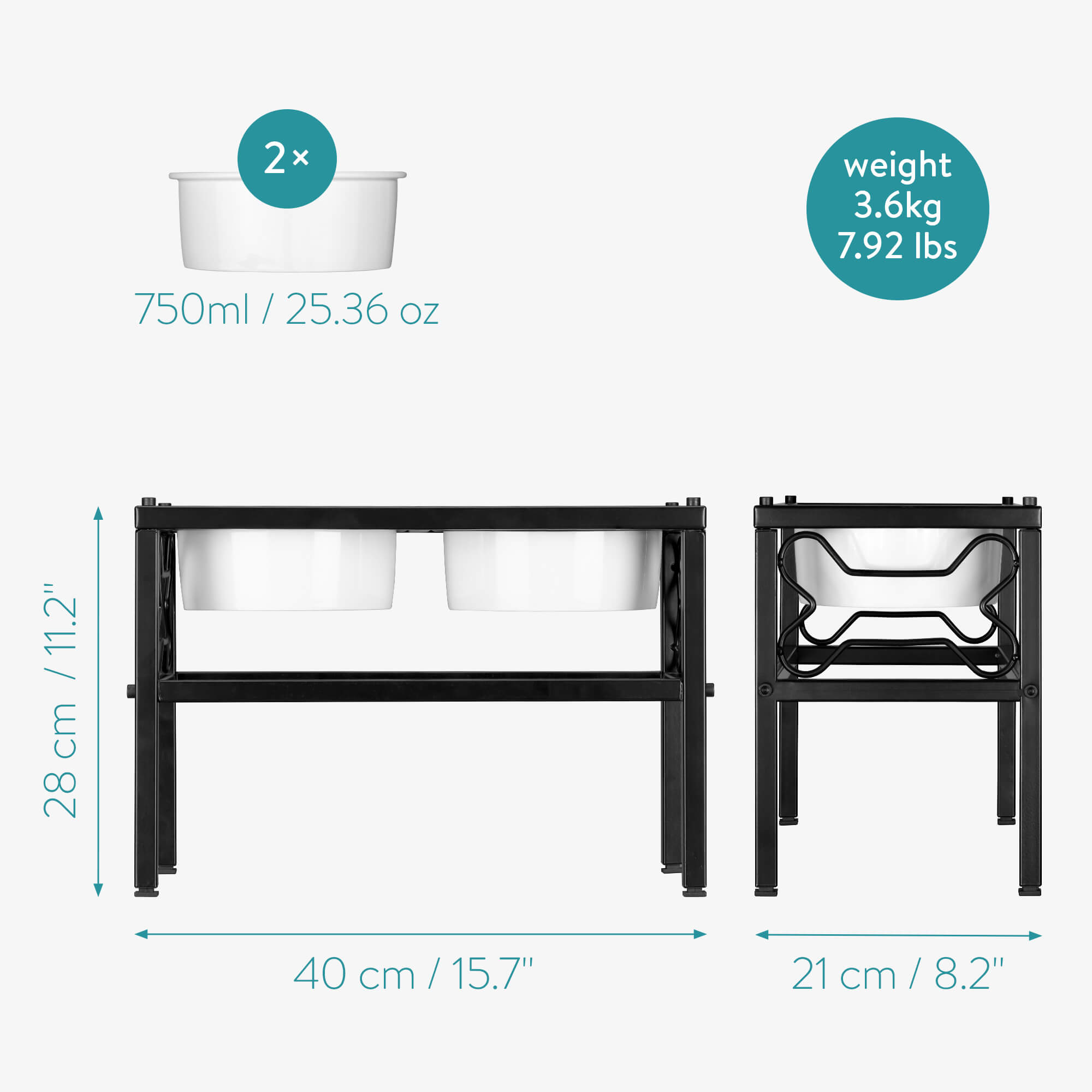 Navaris Ανυψωμένα Μπολ Φαγητού με Βάση για Σκύλους 750ml - White / Black - 54854.1