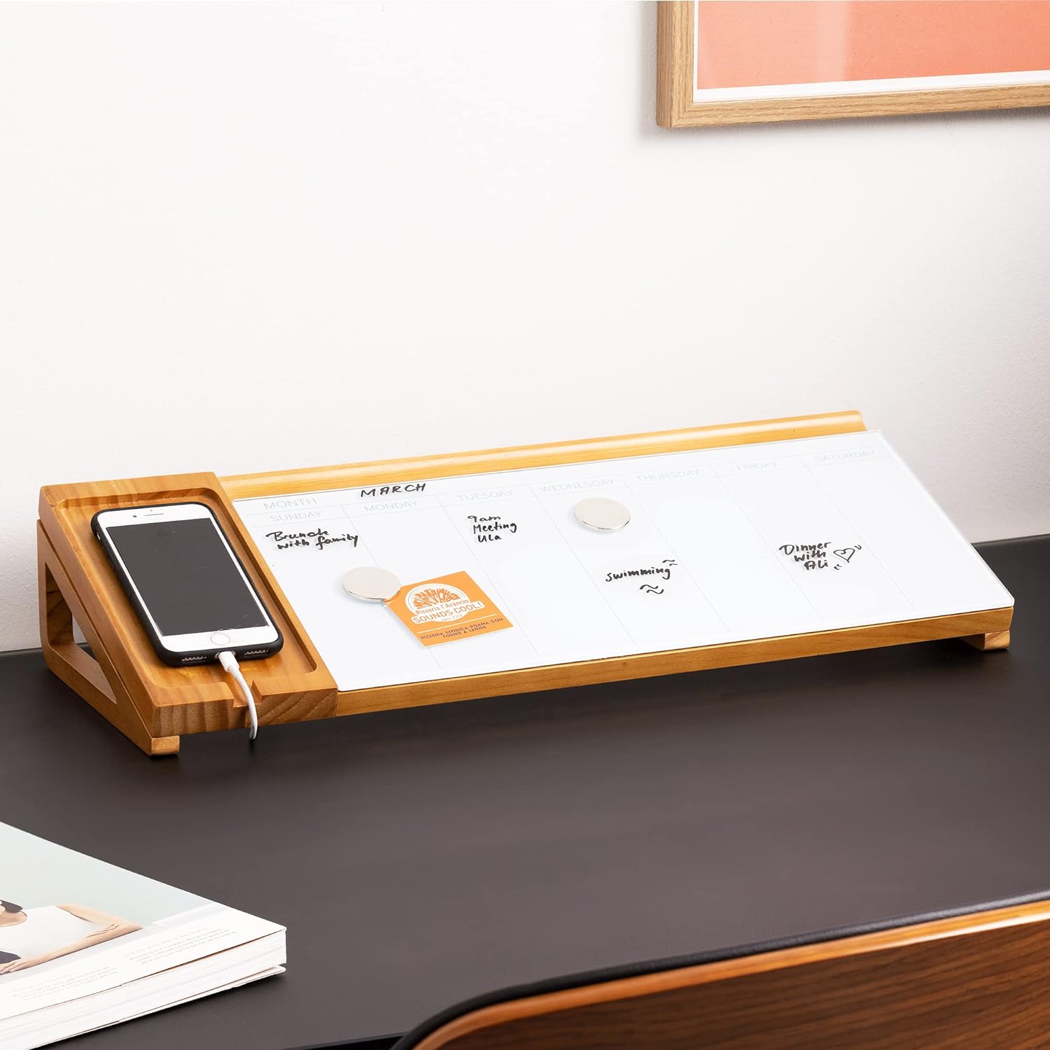 Navaris Επιτραπέζιος Μαγνητικός Γυάλινος Πίνακας Χρονοδιαγράμματος με Ξύλινη Βάση - Brown / White - 55874.02