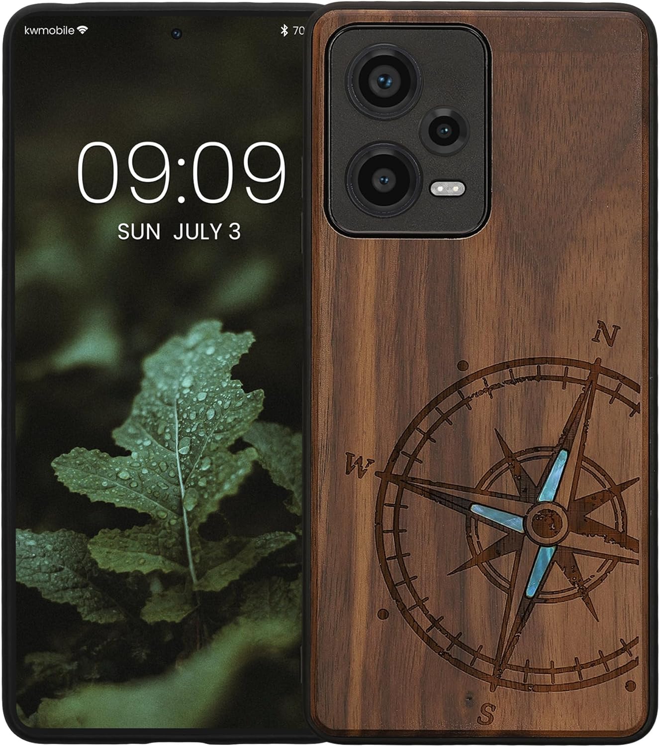 KW Xiaomi Redmi Note 12 Pro Θήκη από Φυσικό Ξύλο - Design Navigational Compass Mother of Pearl - Dark Brown