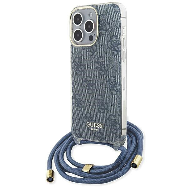 Guess iPhone 15 Pro Crossbody Cord 4G Print Σκληρή Θήκη με Πλαίσιο Σιλικόνης και Λουράκι - Blue - GUHCP15LHC4SEB