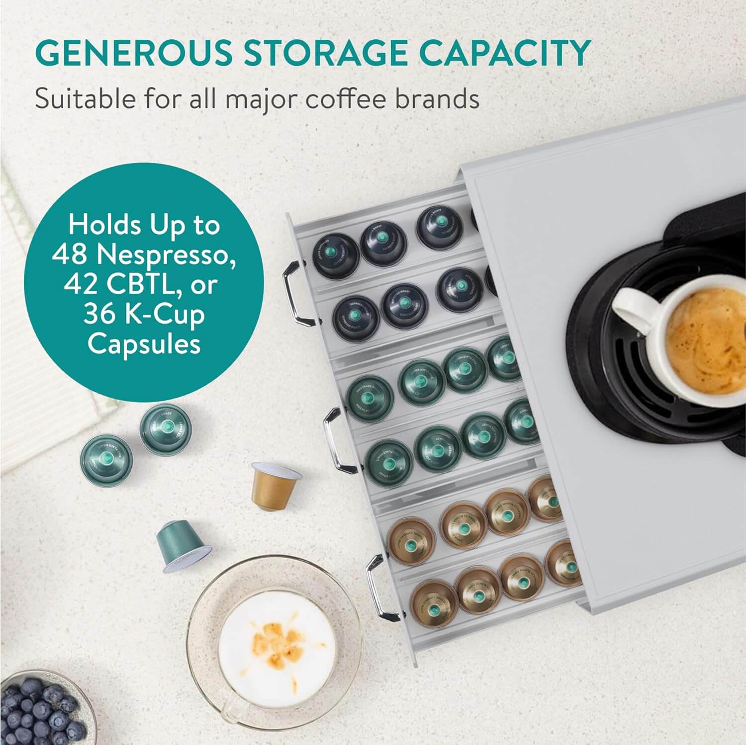 Navaris Capsule Holder - Κουτί Αποθήκευσης με 3 Συρτάρια για Κάψουλες Nespresso / Βάση για Καφετιέρα - Grey