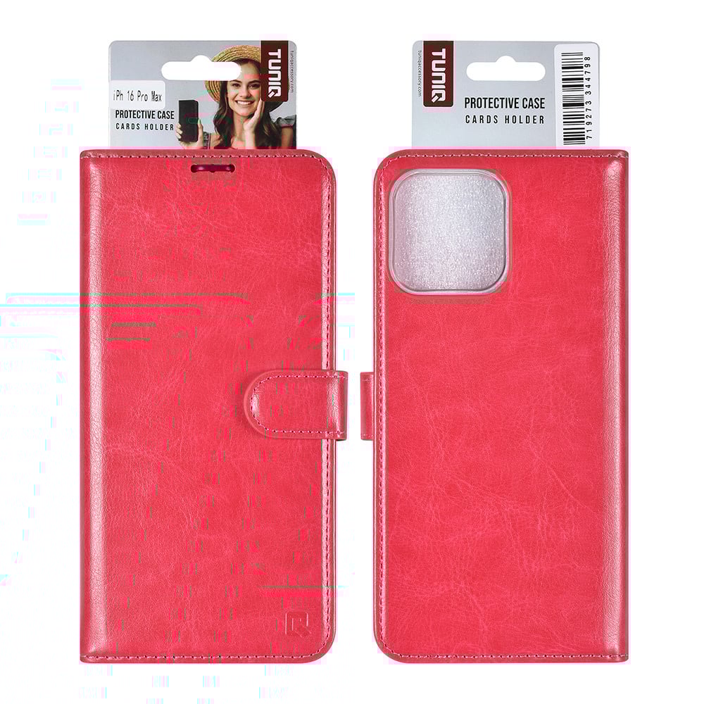 Tuniq iPhone 16 Pro Max - Θήκη Πορτοφόλι Stand από Δερματίνη - Hot Pink