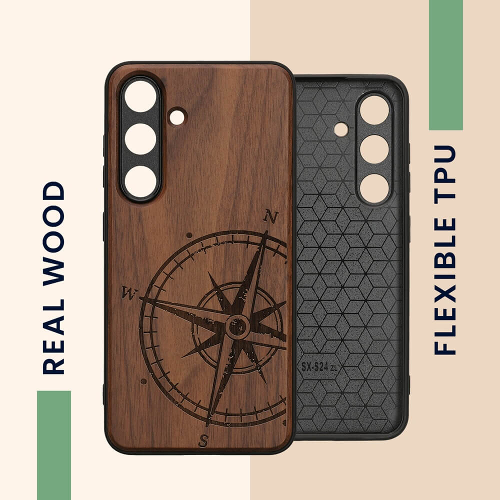 KW Samsung Galaxy S24 Θήκη από Φυσικό Ξύλο - Design Compass Vintage - Dark Brown