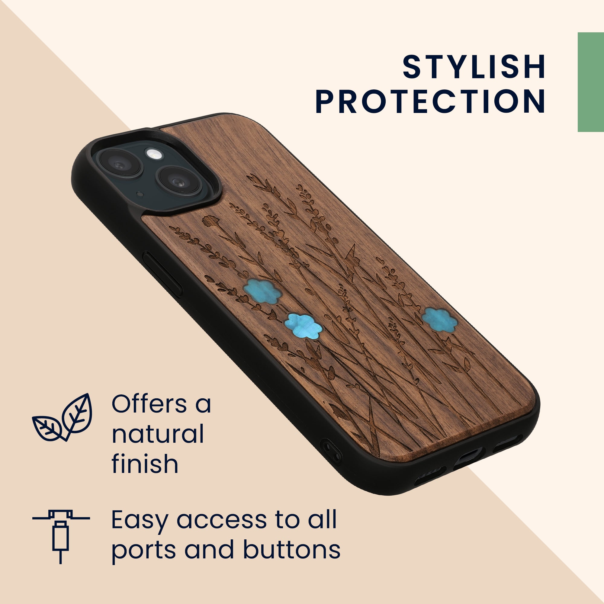 KW iPhone 15 Θήκη από Φυσικό Ξύλο - Design Wild Flowers Pearl - Dark Brown