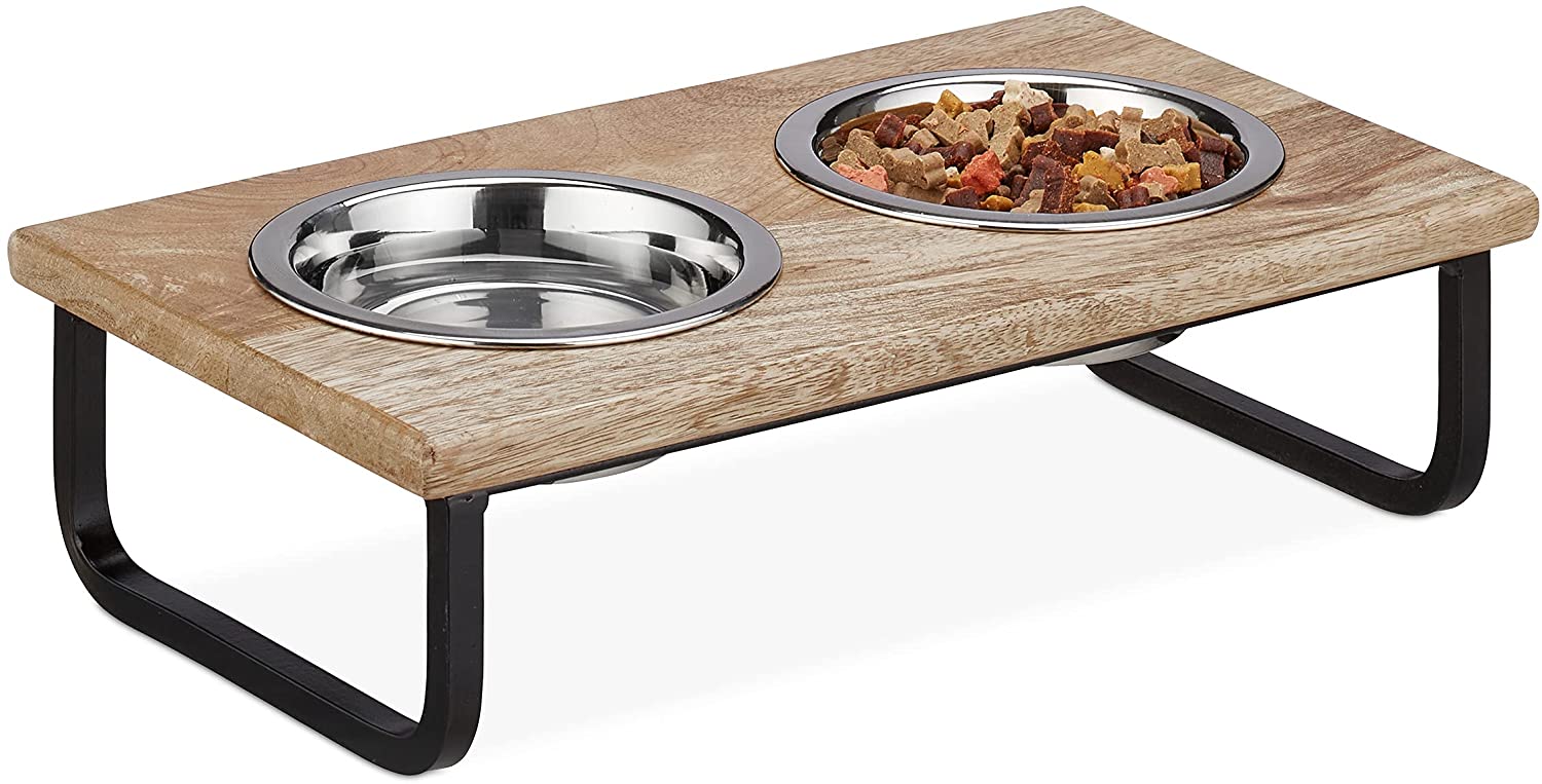 Relaxdays Ξύλινη Βάση από Μάνγκο με 2 Μπολ από Ανοξείδωτο Ατσάλι για Κατοικίδια - 250 ml - Natural / Silver - 4052025373818