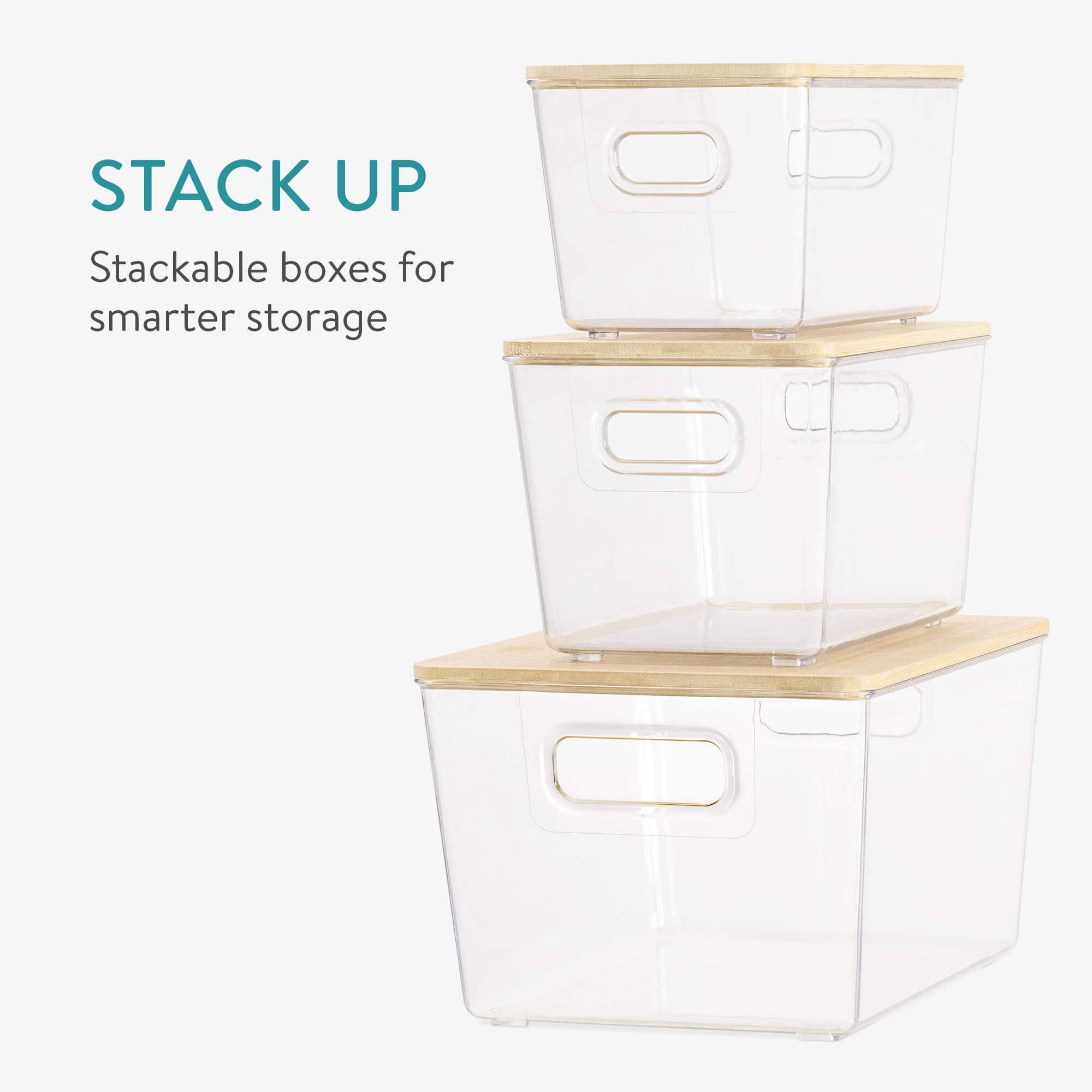 Navaris Σετ με 3 Πλαστικά Δοχεία Αποθήκευσης με Καπάκι από Μπαμπού - Διάφανα / Light Brown - 57032.01