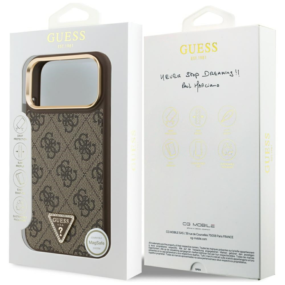 Guess iPhone 17 Pro Max - 4G Triangle Strass Logo MagSafe - Σκληρή Θήκη με Επένδυση Συνθετικού Δέρματος - Brown / Gold - GUHMP17XP4GTDGMW