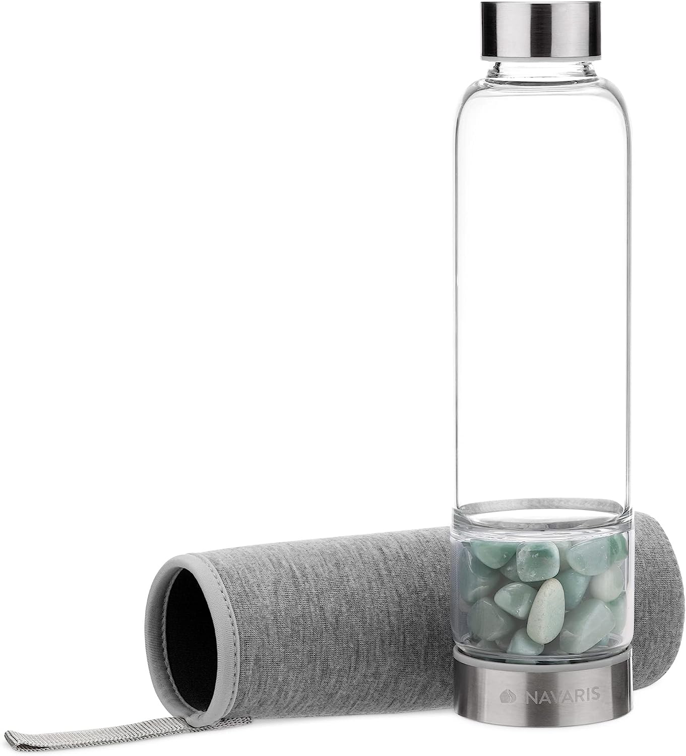 Navaris Γυάλινο Μπουκάλι Νερού με Πέτρες Αβεντουρίνης και Θήκη - BPA FREE - 420ml - Aventurine Stone - 53150.06