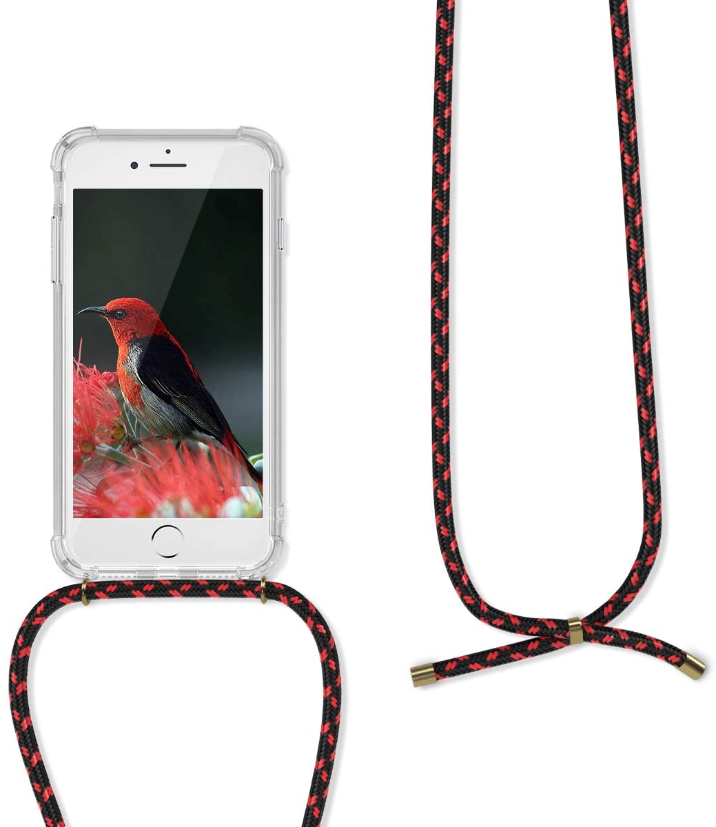 KW iPhone SE 2022 / SE 2020 / 7 / 8 Θήκη Σιλικόνης TPU με Λουράκι - Διάφανη / Black / Red - 47247.09