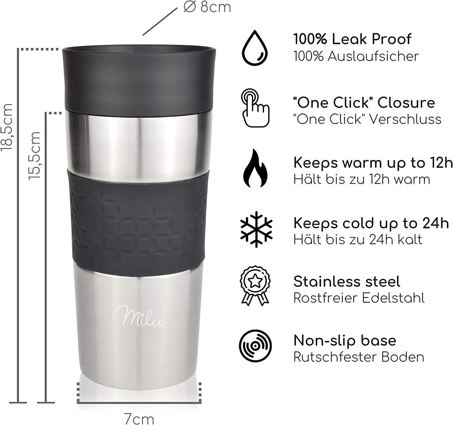 Milu T2 Κούπα Θερμός Από Ανοξείδωτο Ατσάλι - 100% Στεγανή - 350 ml - Black - 5043