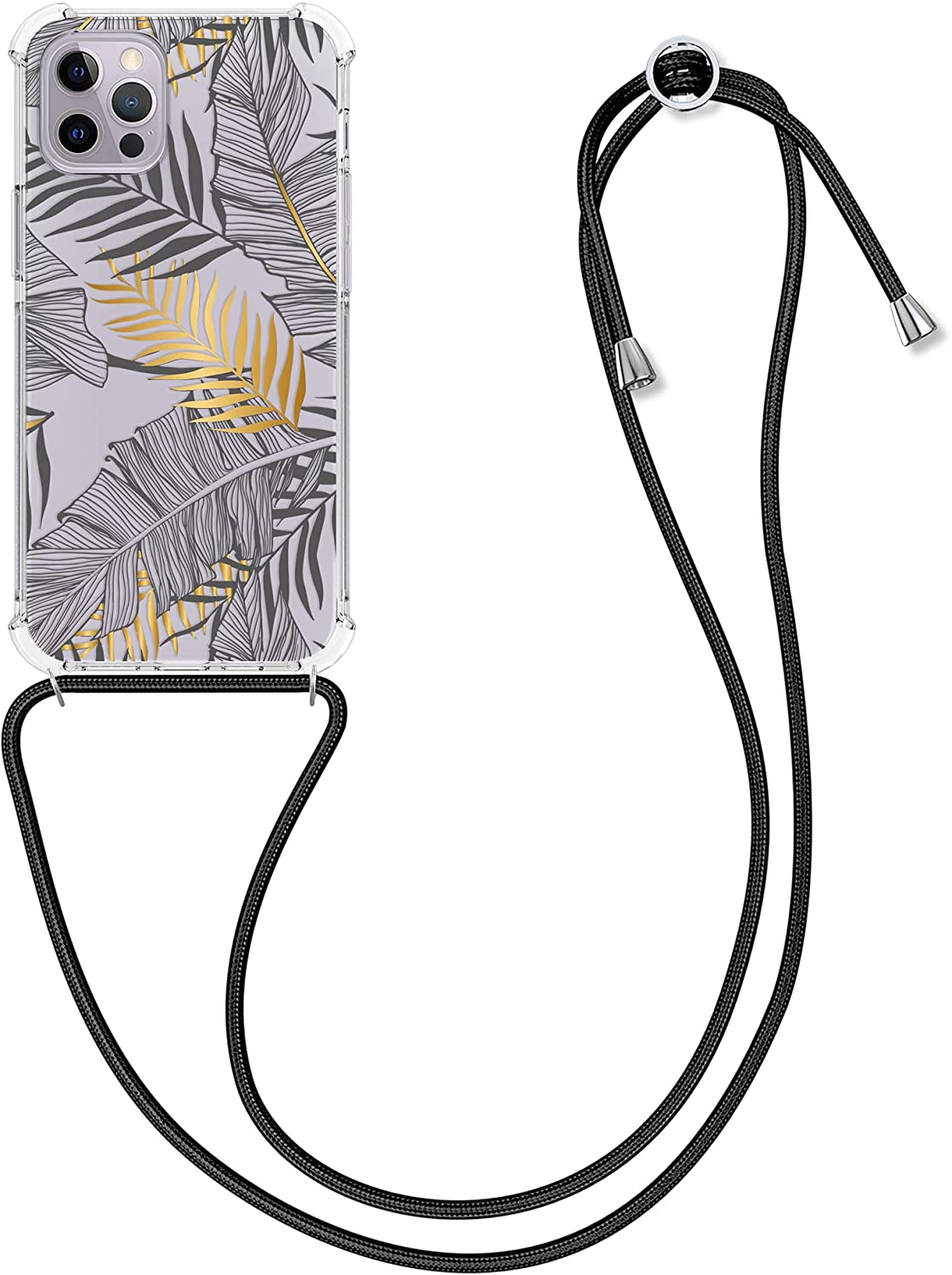 KW iPhone 12 / 12 Pro Θήκη Σιλικόνης TPU με Λουράκι Design Palm Leaves - Yellow / Grey - Διάφανη - 54084.03