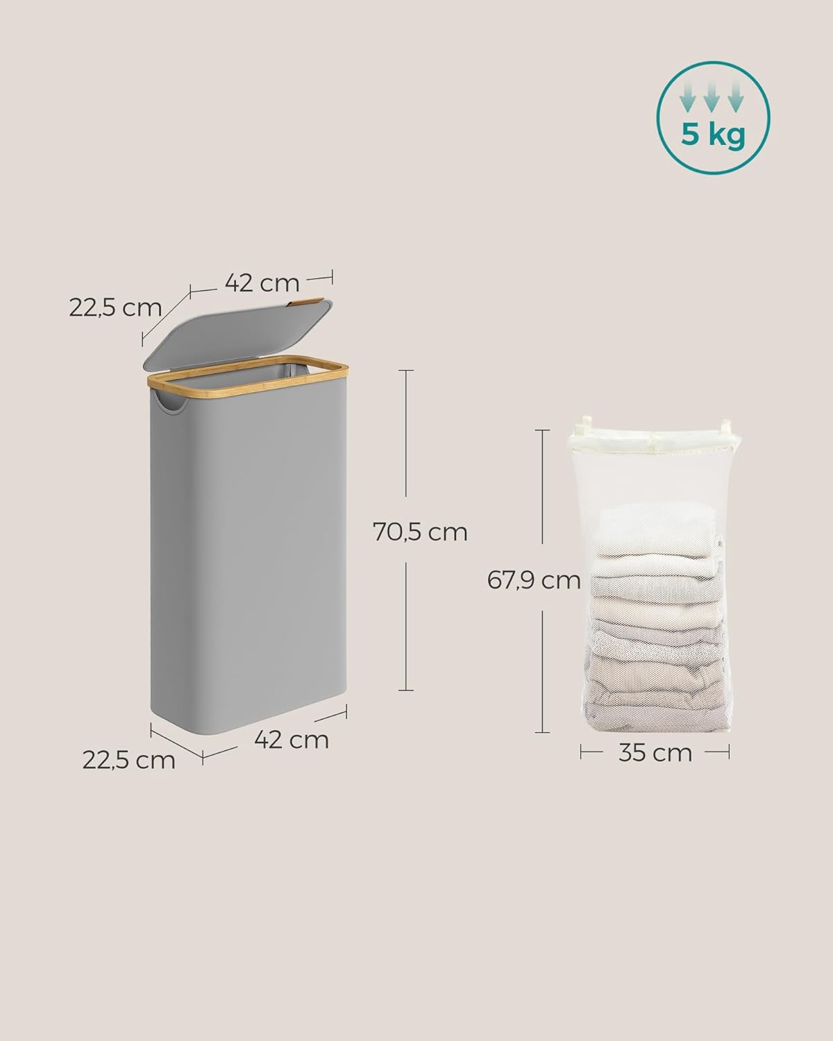 Songmics Καλάθι Απλύτων με Καπάκι και Αποσπώμενη Εσωτερική Θήκη - 60L - Dove Grey - LCB506G01