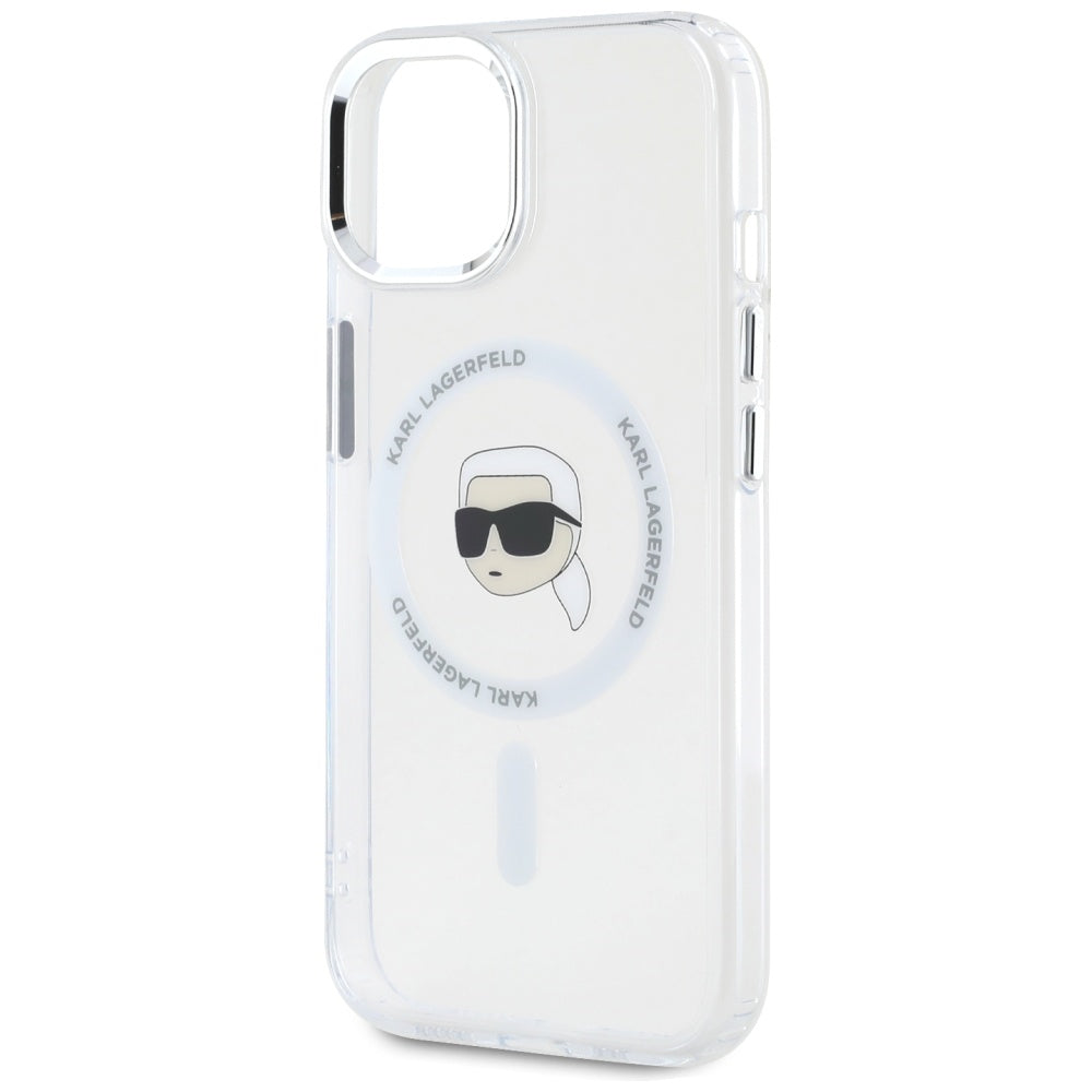 Karl Lagerfeld iPhone 15 Plus - IML Metal Karl Head - MagSafe Σκληρή Θήκη με Πλαίσιο Σιλικόνης - White - KLHMP15MHLSKIH