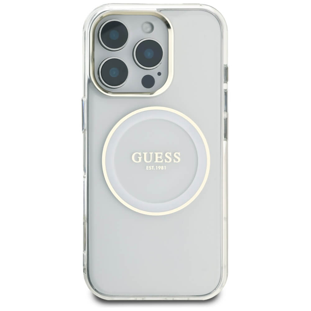 Guess iPhone 16 Pro Max IML Metal Colored Circle Classic Logo MagSafe Σκληρή Θήκη με Πλαίσιο Σιλικόνης και MagSafe - White - GUHMP16XHTDRCEDH
