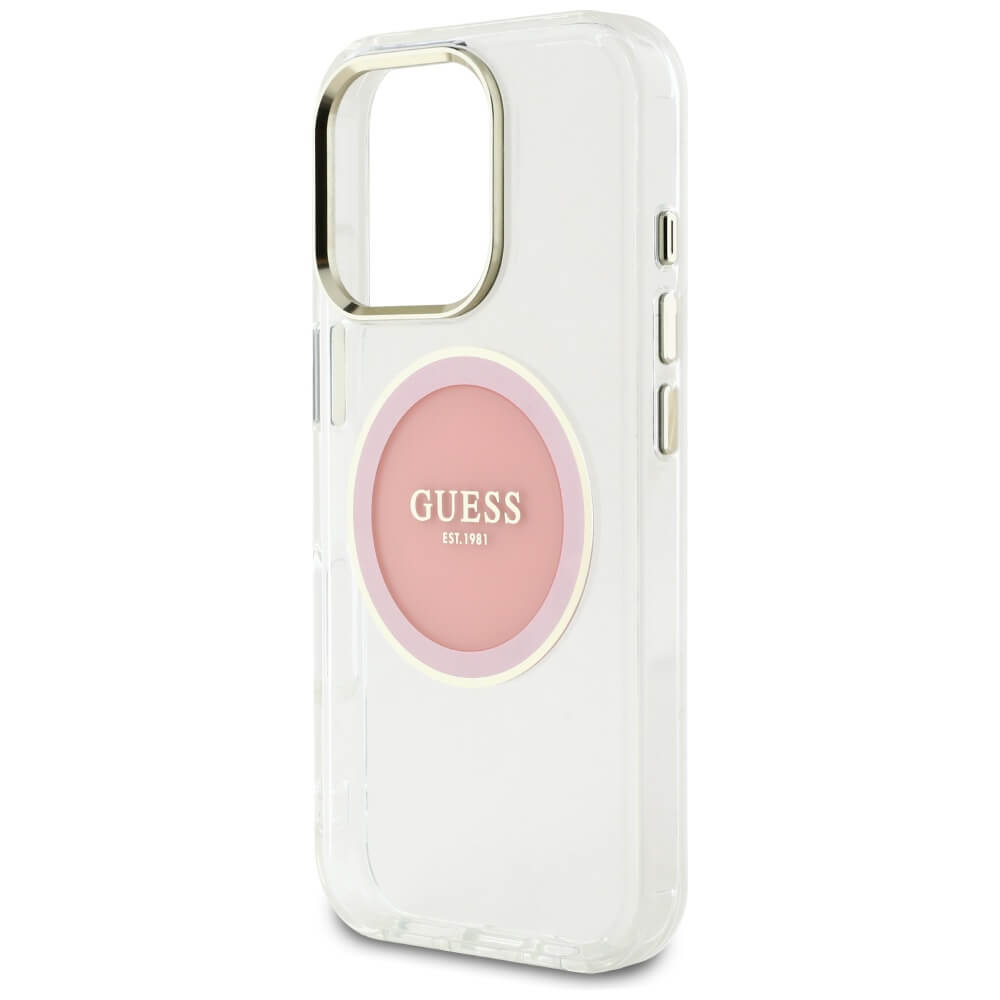 Guess iPhone 16 Pro IML Metal Colored Circle Classic Logo MagSafe Σκληρή Θήκη με Πλαίσιο Σιλικόνης και MagSafe - Pink - GUHMP16LHTDRCEDP