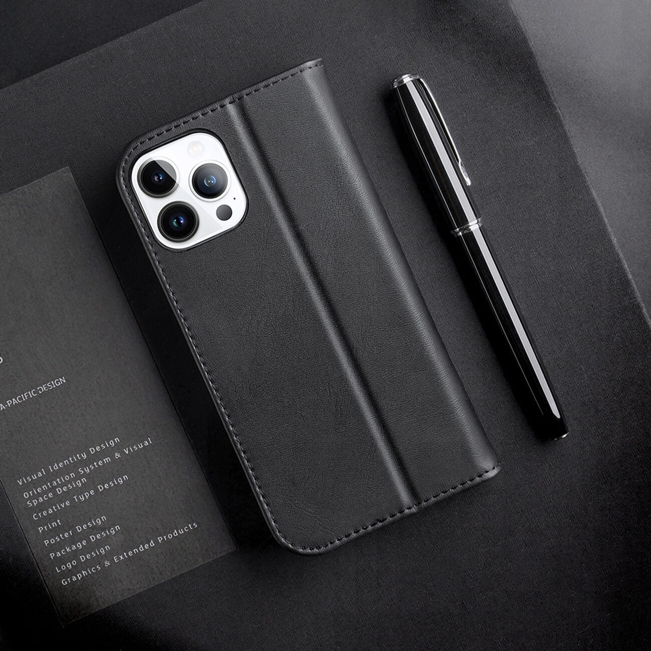 Dux Ducis iPhone 14 Pro Max Hivo Θήκη Πορτοφόλι Stand από Γνήσιο Δέρμα - Black