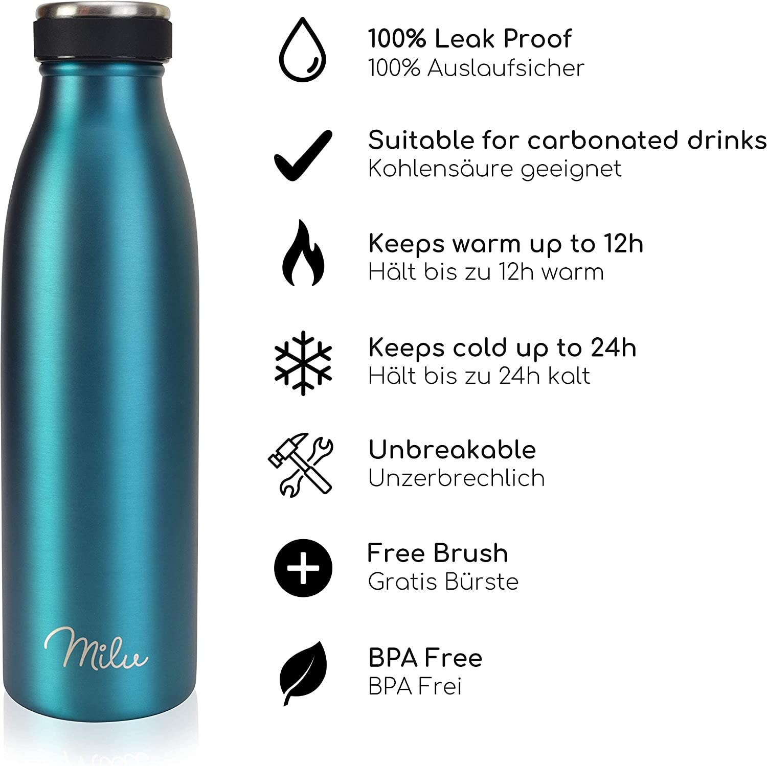 Milu T5 Stainless Steel Μπουκάλι Θερμός από Ανοξείδωτο Ατσάλι για Ζεστά και Κρύα Ροφήματα - 750ml - Green - 6482