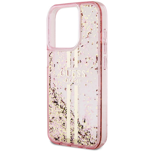 Guess iPhone 15 Pro Max Liquid Glitter Gold Stripes Σκληρή Θήκη με Πλαίσιο Σιλικόνης - Pink - GUHCP15XLFCSEGP