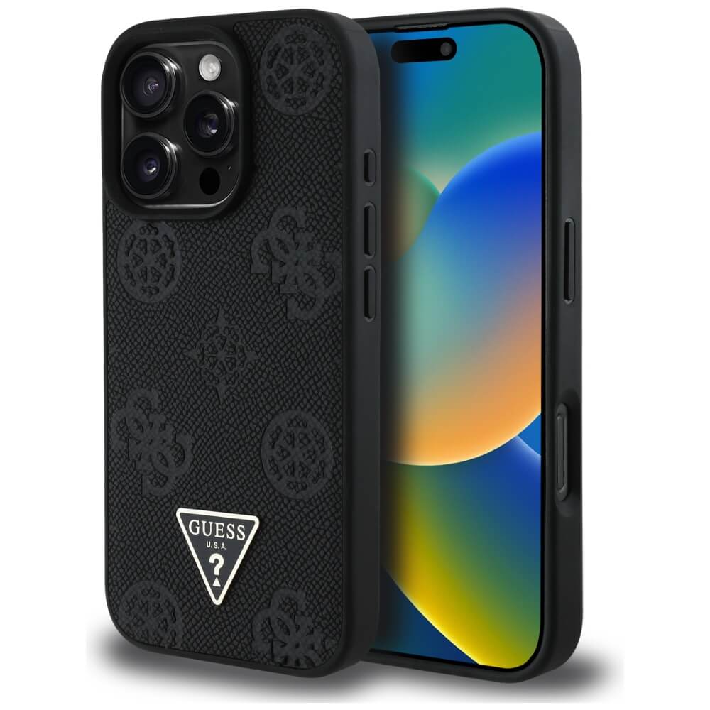 Guess iPhone 16 Pro - Grained Hot Stamp Peony Triangle Logo - MagSafe Σκληρή Θήκη με Επένδυση Συνθετικού Δέρματος - Black - GUHMP16LPGBTMK