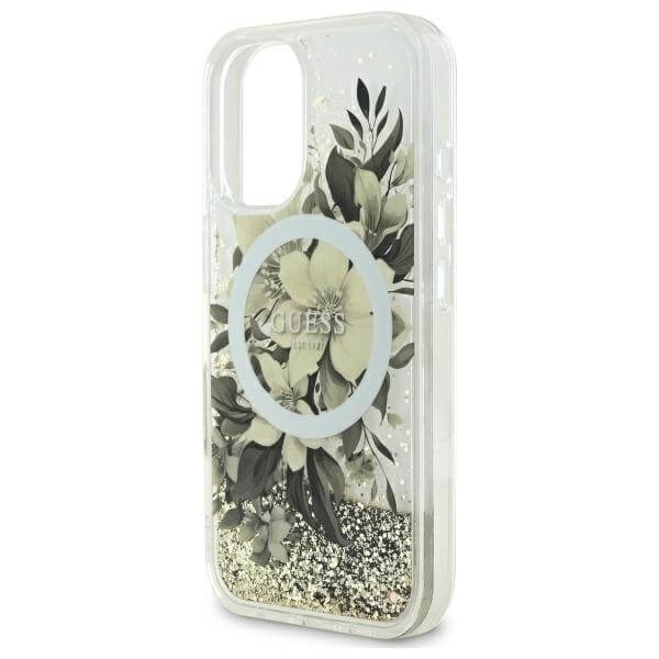 Guess iPhone 16 - Liquid Glitter Flower MagSafe - Σκληρή Θήκη με Πλαίσιο Σιλικόνης - Beige - GUHMP16SLFMWTE