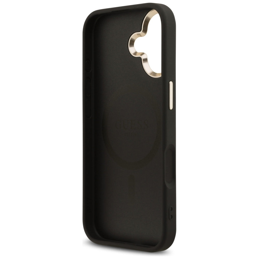Guess iPhone 17 - 4G Triangle Strass Logo MagSafe - Σκληρή Θήκη με Επένδυση Συνθετικού Δέρματος - Black / Gold - GUHMP17SP4GTDGMK