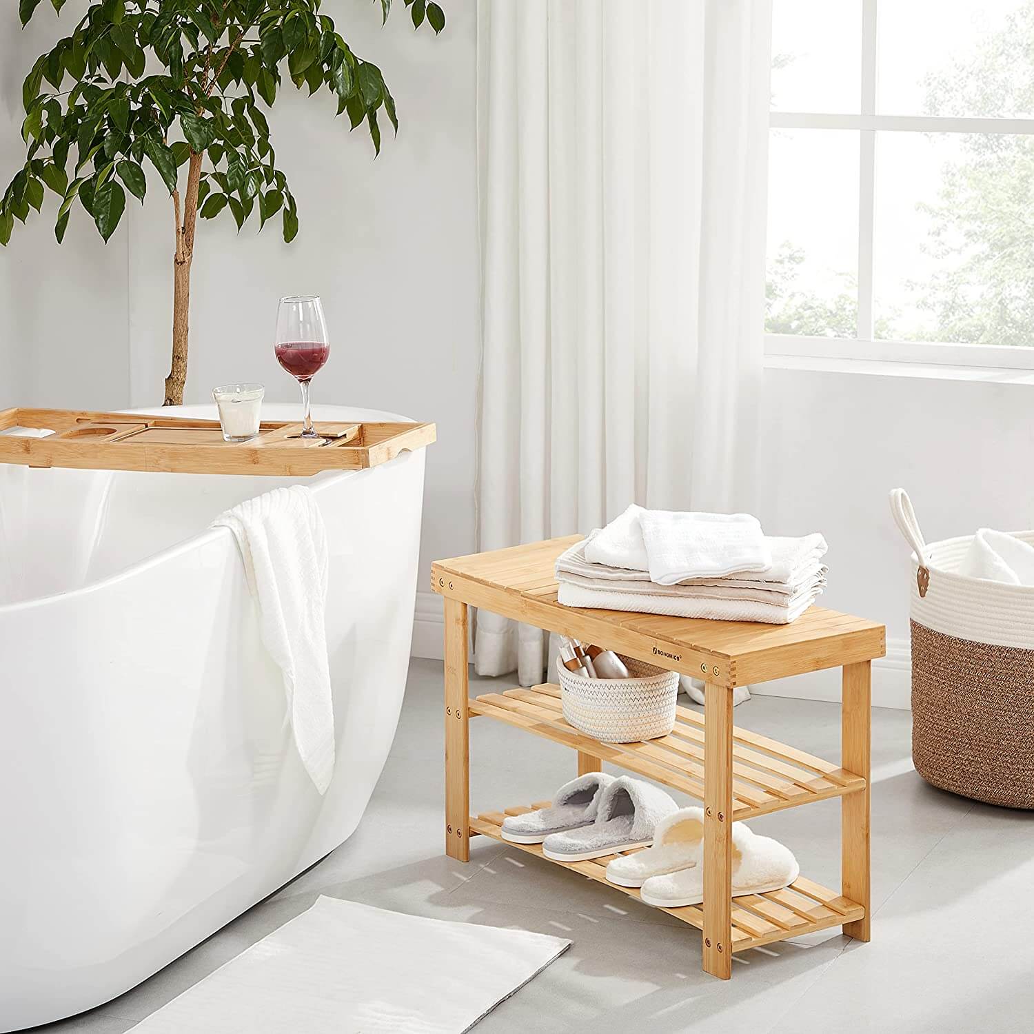 Songmics Παπουτσοθήκη από Μπαμπού με 3 Ράφια και Παγκάκι - Natural - LBS04N