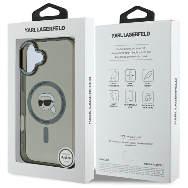 Karl Lagerfeld iPhone 16 - IML Metal Karl Head - MagSafe Σκληρή Θήκη με Πλαίσιο Σιλικόνης - Black - KLHMP16SHLSKIK