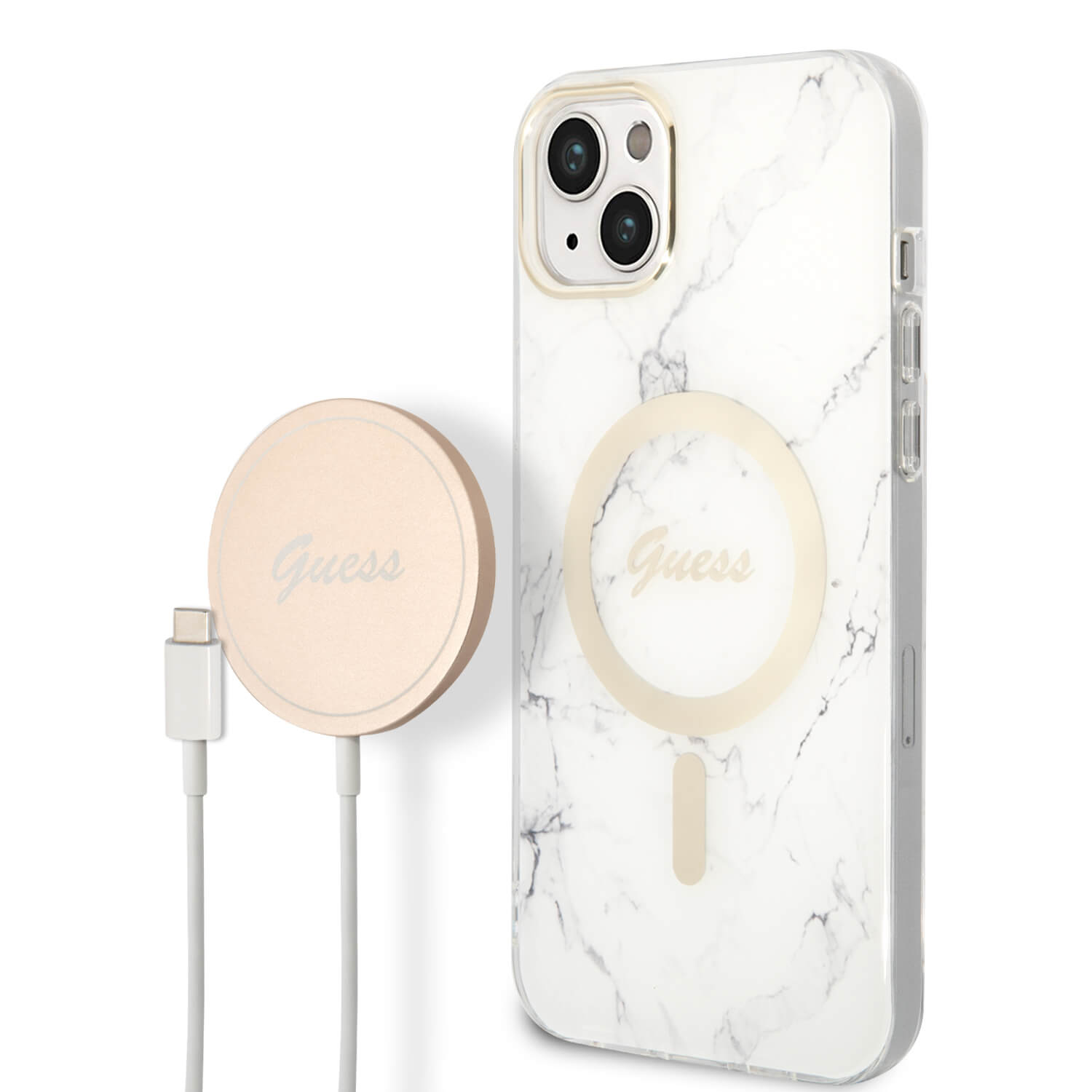 Guess iPhone 15 Plus / 14 Plus - Bundle Pack - Σετ Σκληρή Θήκη με Πλαίσιο Σιλικόνης και Ασύρματος Φορτιστής MagSafe - Design Marble MagSafe - White - GUBPP14MHMEACSH