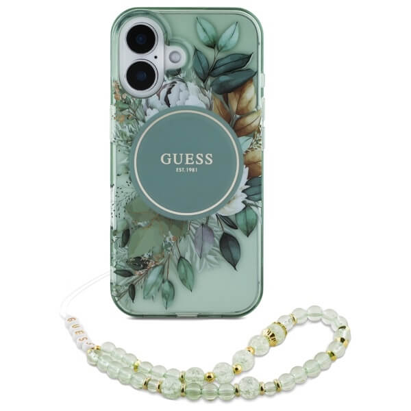 Guess iPhone 16 - IML Flowers With Pearl Strap MagSafe - Σκληρή Θήκη με Πλαίσιο Σιλικόνης και Λουράκι - Green - GUHMP16SHFWBRCESN