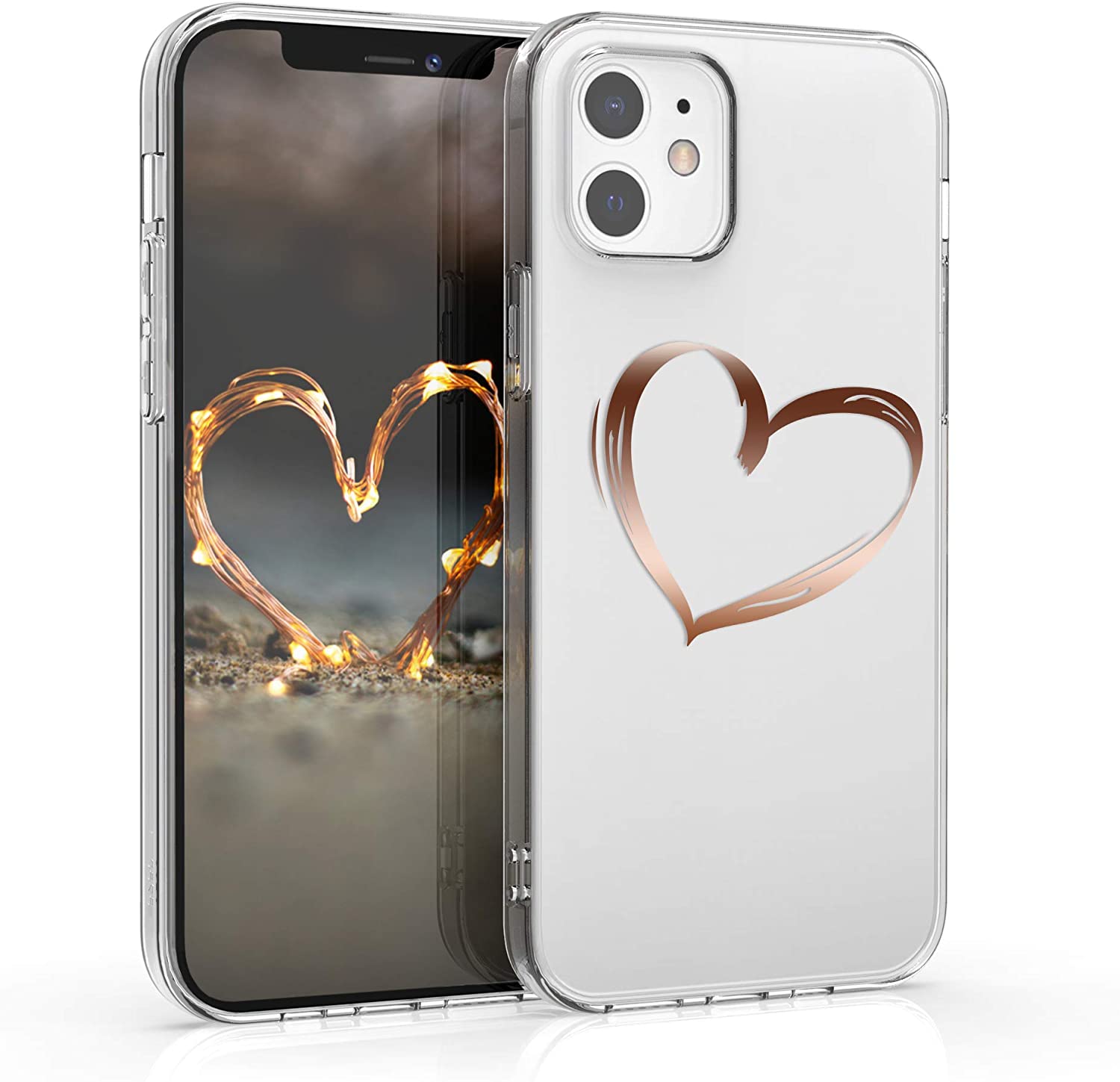 KW iPhone 12 / iPhone 12 Pro Θήκη Σιλικόνης TPU Design Brushed Heart - Διάφανη / Rose Gold - 53035.08