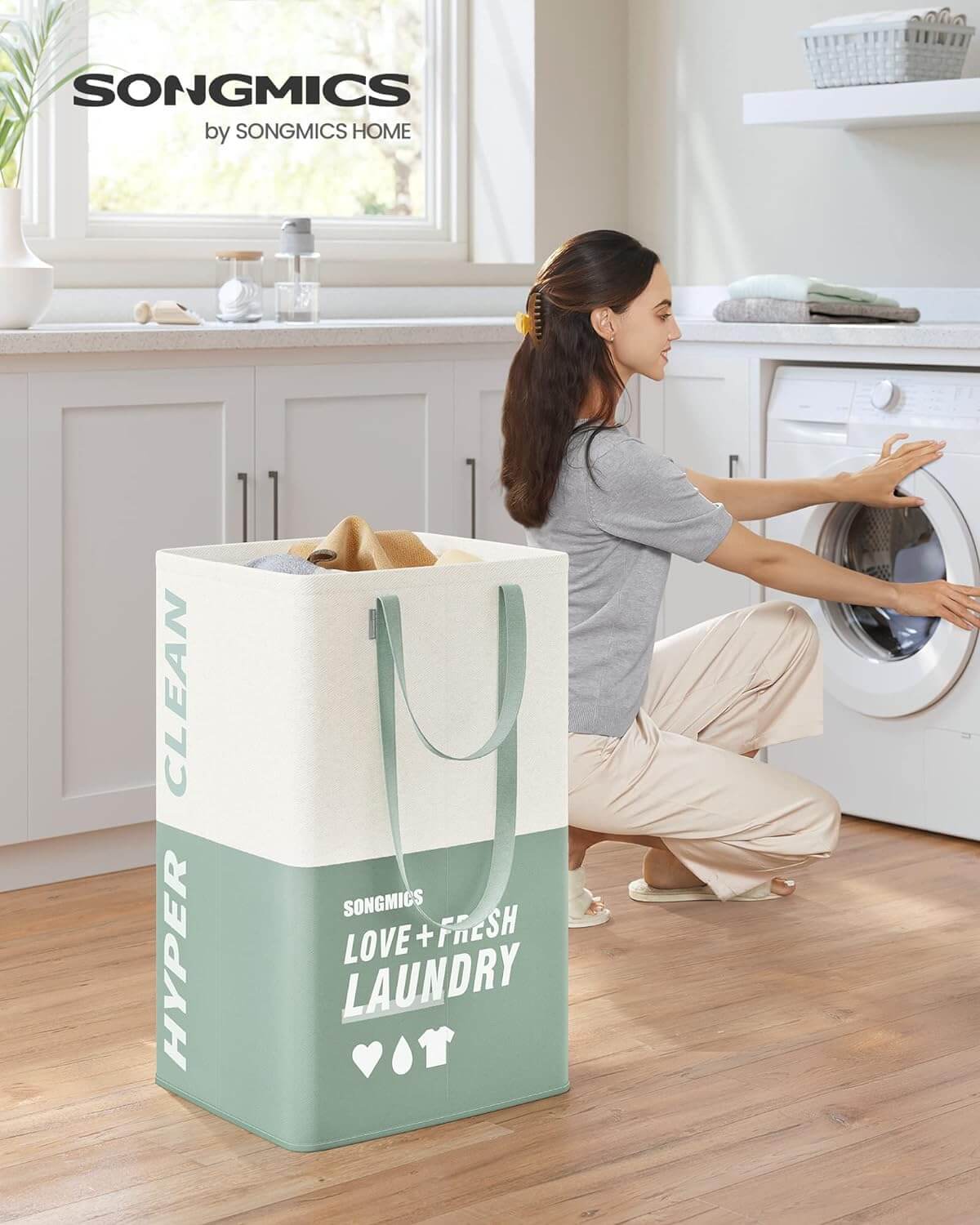 Songmics Υφασμάτινο Καλάθι Απλύτων με 2 Διαμερίσματα - Mint Green - LCB209C11