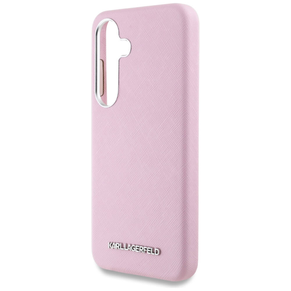 Karl Lagerfeld Samsung Galaxy S25 Plus - Saffiano Full Wrapped Elongated Metal Logo - MagSafe Σκληρή Θήκη με Επένδυση Συνθετικού Δέρματος και Πλαίσιο Σιλικόνης - Pink - KLHMS25MPSAFWMCP