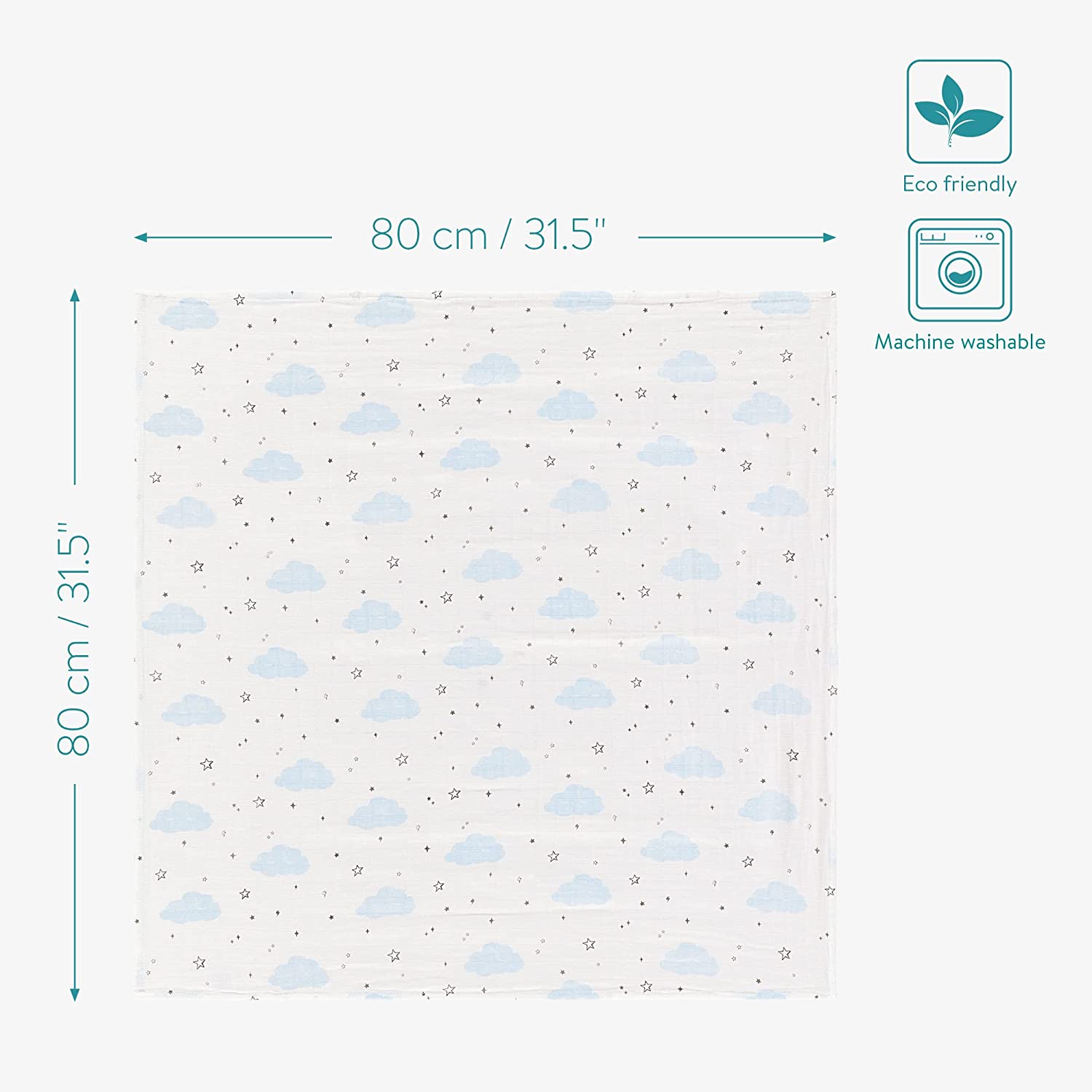 Navaris Σετ με 4 Πάνες Αγκαλιάς από Μουσελίνα για Μωρά - 80 x 80 cm - Design Stars - White - 51484.03