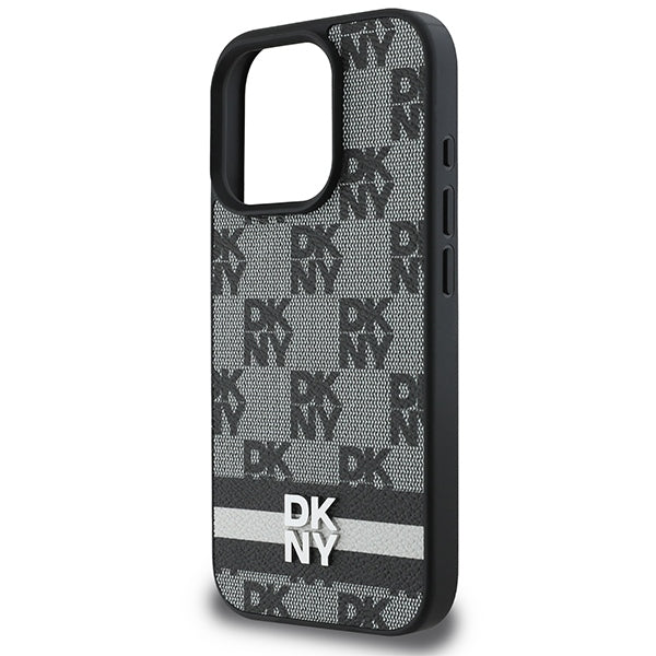 DKNY iPhone 16 Pro Max - Checkered Pattern and Printed Stripes Σκληρή Θήκη με Επένδυση Συνθετικού Δέρματος - Black