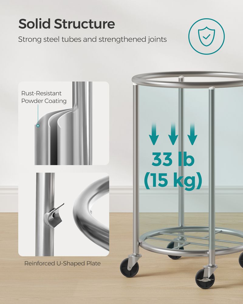 Songmics Τροχήλατο Καλάθι Απλύτων με Ατσάλινο Σκελετό και Αποσπώμενη Θήκη Ρούχων - 70L - Grey / Silver - RLS006G01